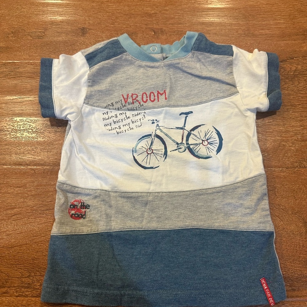 Deux par Deux Blue and White Bicycle Print Tee